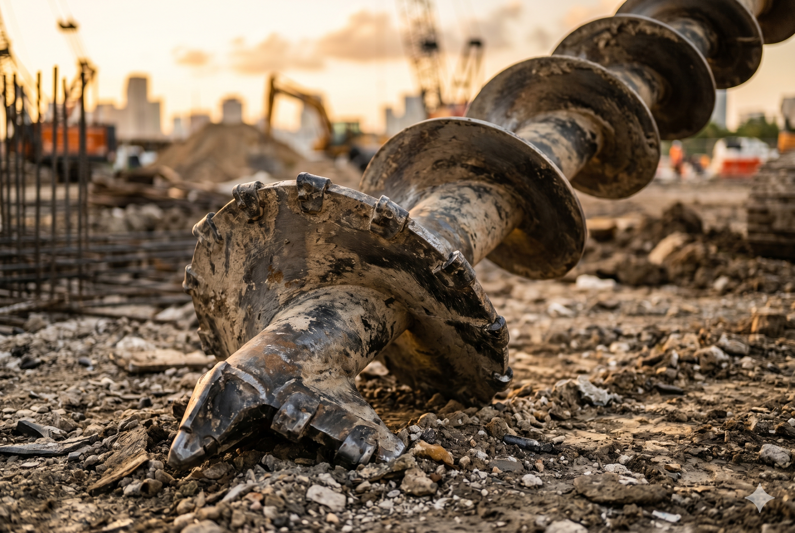 Rock auger with carbide teeth on a Miami foundation drilling jobsite at sunset
